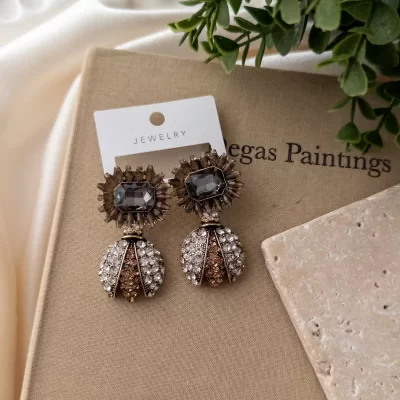 Kristal Ve Zirkon Taşlı Büyük Uğur Böceği Tasarım Küpe