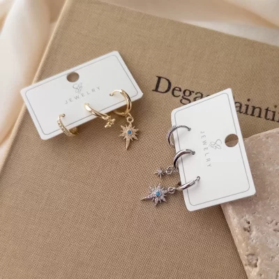 Mavi Boncuk Detaylı Zirkon Taşlı Kutupyıldızı Sallantılı Üçlü Kombin Set Küpe