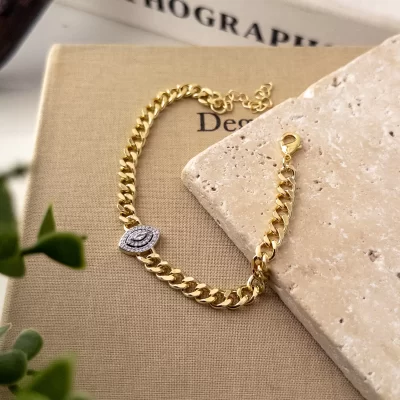 Ortası Elips Montür Zirkon Taşlı Zincir Bileklik