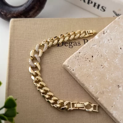 Ortası Zirkon Taşlı Kalın Zincir Tarz Bileklik