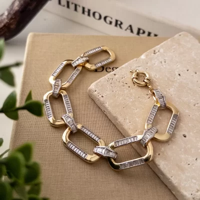 Özel Seri Çift Renk Zirkon Baget Taş İşlemeli Büyük Tasarım Zincir Bileklik