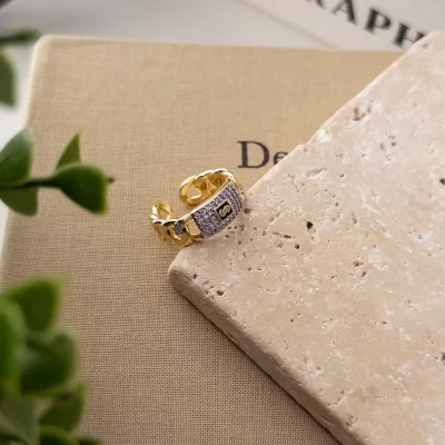 Siyah Mine Detaylı Zirkon Taşlı Çift Renk Alttan Ayarlanan Zincir Yüzük