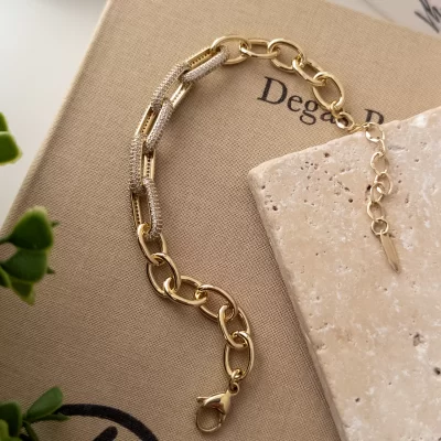 Xp Özel Seri Ortası Gömme Zirkon Taşlı Kalın Zincir Tasarım Bileklik