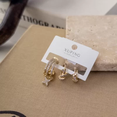 Xp Zirkon Taşlı Kutup yıldızı Sallantılı Tasarım Üçlü Kombin Set Küpe