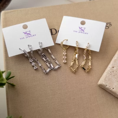 Zirkon Baget Taş Sallantılı Tasarım Üçlü Kombin Set Küpe