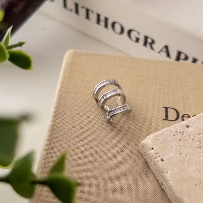 Zirkon Baget Taşlı Gümüş Renk Üçlü Dura Halka Earcuff Küpe