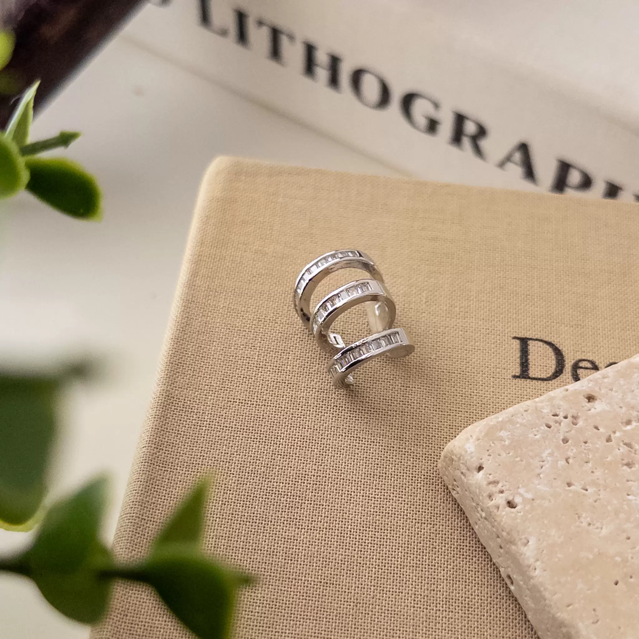 Zirkon Baget Taşlı Gümüş Renk Üçlü Dura Halka Earcuff Küpe