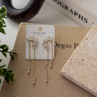 Zirkon Baget Taşlı Zincir Sallantılı Tasarım Zarif Küpe