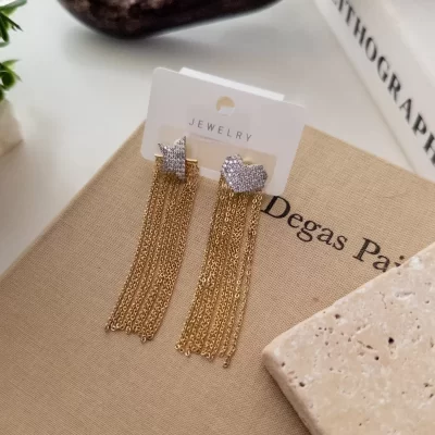 Zirkon Taş İşlemeli Kalp Ve Yıldız Figürlü Zincir Sallantılı Uzun Küpe