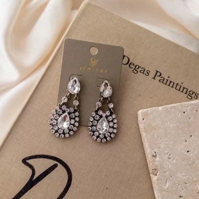 Zirkon Taş Ve Damla Kristalli Sallantılı Eskitme Büyük Tasarım Küpe