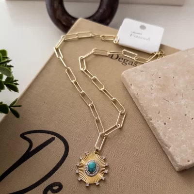 Zirkon Taşlı Doğaltaş Detaylı Kalın Ataç Zincirli Tasarım Kolye