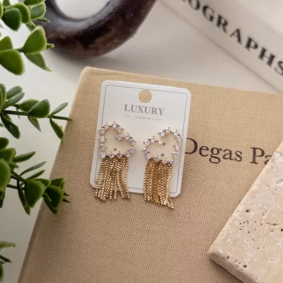 Zirkon Taşlı Kalp Figürlü Zincir Sallantılı Tasarım Küpe