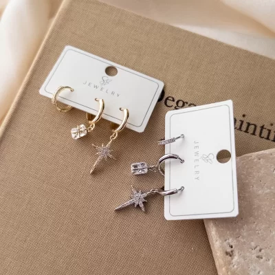 Zirkon Taşlı Kutup Yıldızı Sallantılı Üçlü Kombin Zarif Set Küpe