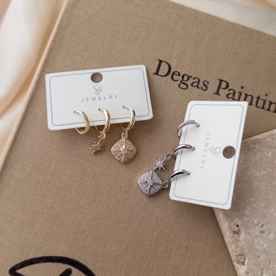 Zirkon Taşlı Kutupyıldızı Figürlü Üçlü Sallantılı Zarif Kombin Set Küpe