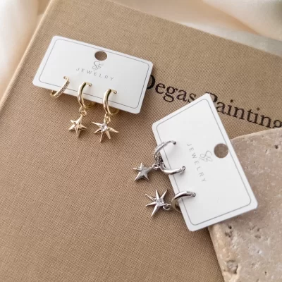 Zirkon Taşlı Yıldız Sallantılı Zarif Kombin Üçlü Set Küpe