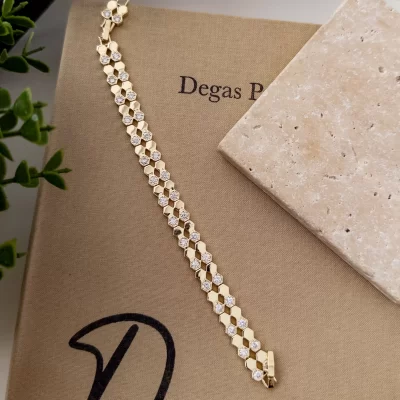 Zirkon Taşlı Çift Sıra Petek Desen Plaka Tasarım Bileklik