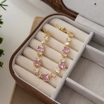 Pembe Taş Ve Zirkon Taşlı Gold Renk Bileklik